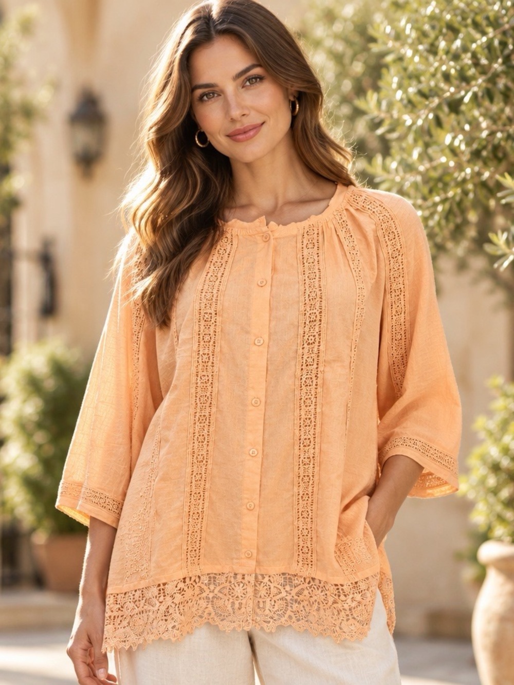 LOGO Lavish Lori Goldstein Cotton Crochet Lace Button Front Boho Blouse M